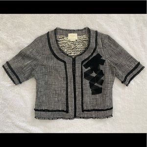 KATE SPADE “Silver Lining” Black & White Linen Crop Jacket Size 10 Bow/Ruffle